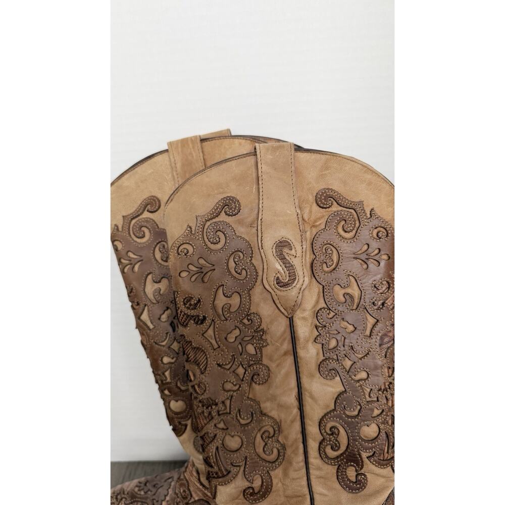 Cuadra Genuine Teju Lizard Cowboy Boots Women Brown Scroll Overlay Size 8 - Picture 11 of 11